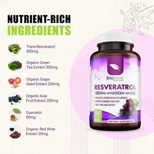 Miniatura 3 de Resveratrol 1600mg - 180 cápsulas Suplemento antioxidante de trans-resveratrol con té verde natural, polifenoles de semilla de uva y quercetina