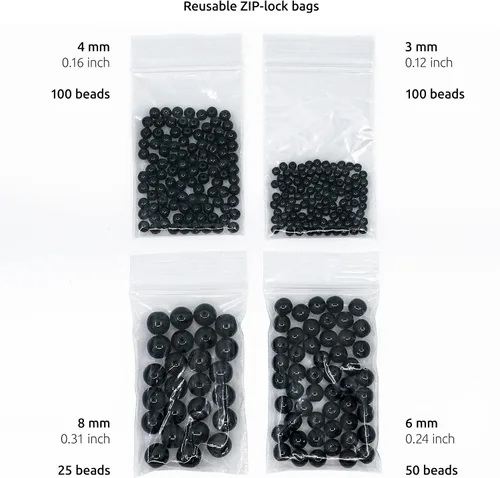 Miniatura 3 de Juego de 275 cuentas de cristal redondas checas, color negro azabache, 0.118 in (100 unidades), 0.157 in (100 unidades), 0.236 in (50 unidades)
