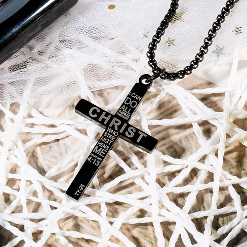 Miniatura 7 de Wolentty Collar con cruz de bandera estadounidense de acero inoxidable grabado religioso filipenses 413 joyería con colgante para hombre color negro