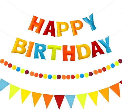 Miniatura 14 de CANREVEL Pancarta de Feliz Cumpleaños 3D Pre-enhebrada, 3 PIEZAS Guirnalda de Fieltro Negro Feliz Cumpleaños, Guirnalda de Pompones, Banderines