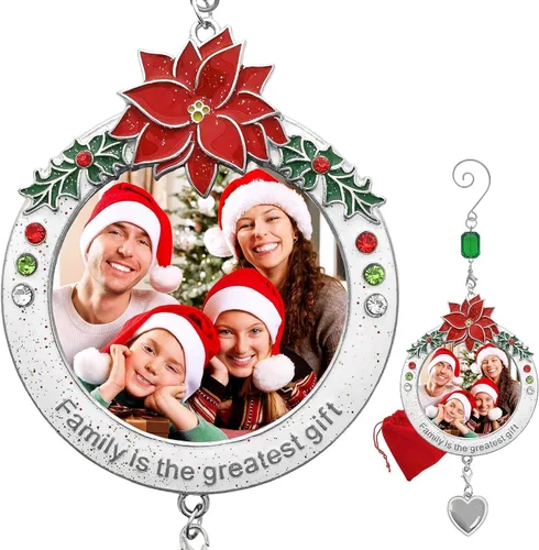 Miniatura 10 de Adorno de Navidad personalizado con tu foto familiar – La familia es el mejor regalo, adorno navideño con detalles de flor de pascua y acebo
