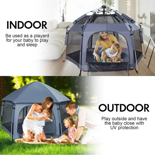 Miniatura 2 de Corralito para bebés de alta calidad para puerta y exterior, portátil, ligero, paquete desplegable y patio de juegos con toldo y bolsa de viaje, Gris