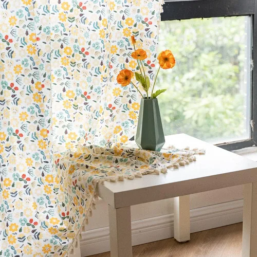 Miniatura 107 de Deeprove Cortinas bohemias para dormitorio, rayas huecas de ganchillo crema y estampado floral, tela de lino de algodón, con borlas beige bohemias