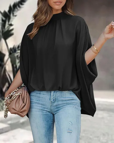 Miniatura 136 de BTFBM Blusas de verano para mujer, cuello alto falso, manga murciélago, holgadas, dobladillo alto y bajo, blusas informales de gran