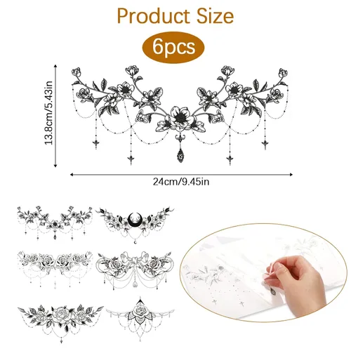 Miniatura 2 de 6 hojas de tatuajes temporales para mujeres y niñas, impermeables, tatuajes falsos de flores de rosas, tatuajes sexys debajo del busto, joyería