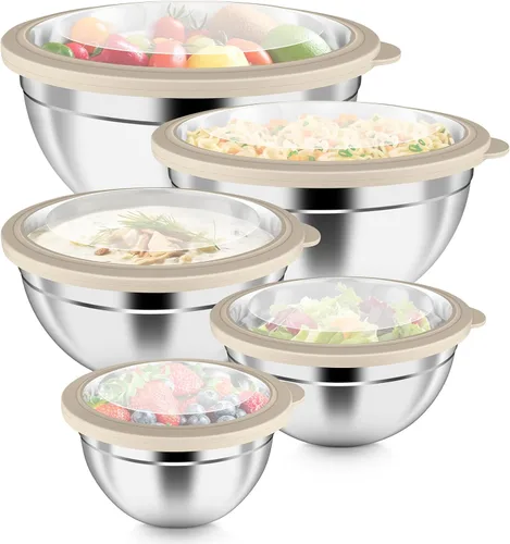 Miniatura 11 de P&P CHEF Juego de 5 cuencos para mezclar con tapas herméticas, 10 piezas de acero inoxidable, cuenco de metal con tapa para preparación y Varios