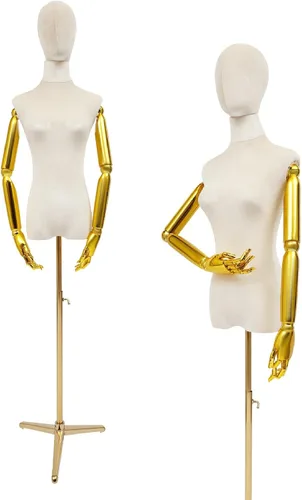 Female Mannequin Dress Form, Adjustable Height Mannequin Body with Gold Arms and Base, Velvet Mannequin Torso for Clothing Dress Jewelry Display