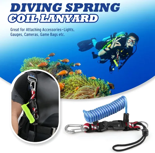 Miniatura 2 de Cordón de buceo, cordón en espiral de acero inoxidable resistente con hebilla de liberación rápida y correa de banda de bandera de buceo para Azul