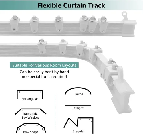 Miniatura 4 de Divisor de habitación de riel de cortina, sistema de riel flexible flexible de montaje en techo y pared con clips, pista de cortina deslizante