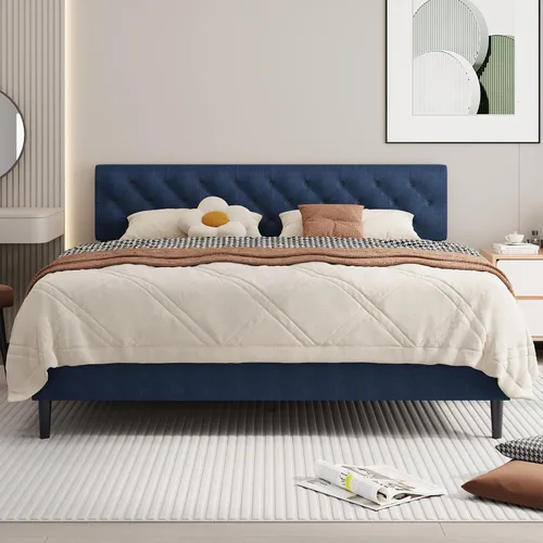 Miniatura 14 de BarnFurin Marcos de cama individual con cabecera capitoné con botones, cama de plataforma tapizada de lino con soporte de listones de madera, fácil