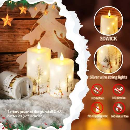 Miniatura 3 de Velas sin llama de Navidad con control remoto - Velas LED blancas y luces de cadena, juego de 3 con pilas (D3 x A4/5"/6") para decoración