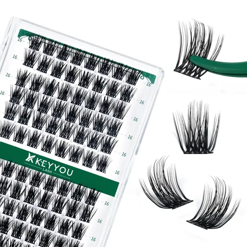 Miniatura 67 de KEYYOU Racimos de pestañas, 96 piezas de extensiones de pestañas DIY, rizado D de 16 mm, negro, realista, no irritante, fácil de colocar en casa