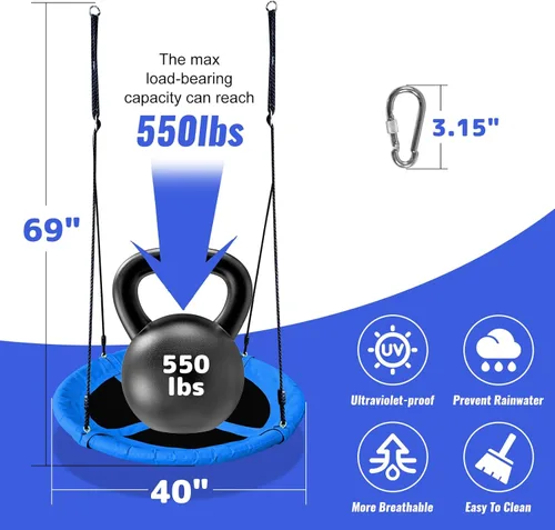 Miniatura 2 de Columpio de platillo para niños, columpio de árbol al aire libre de 40 pulgadas con capacidad de peso de 660 libras, tela impermeable Oxford 900D