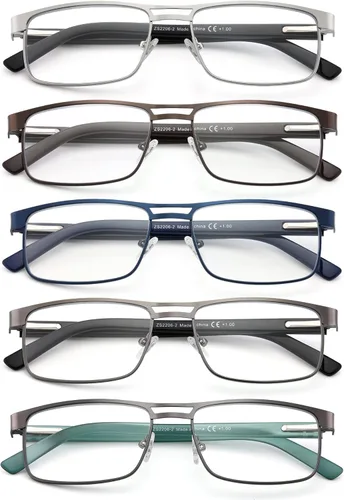 Miniatura 6 de Lentes de lectura de metal para hombres, con bloqueo de luz azul, lentes rectangulares de borde completo, bisagras de resorte, paquete de 3