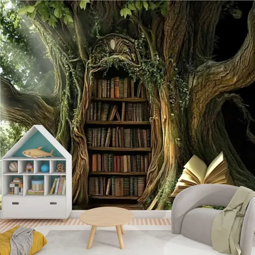 Miniatura 3 de Murales modernos para papel pintado 3D petrificado árbol arroyo ambiente antiguo oculto estantería abierta libro abierto despegar y pegar
