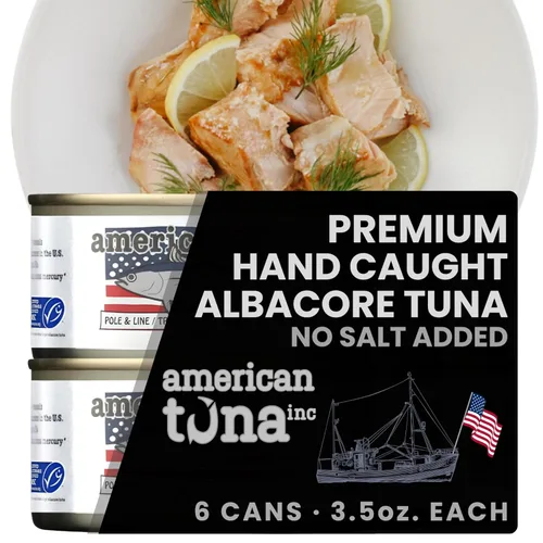 Miniatura 16 de American Tuna Pescado de atún blanco silvestre capturado en poste de grado sushi, sin sal añadida, (12) latas de 3.5 onzas Cosechado