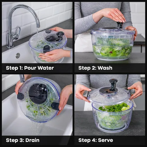 Miniatura 4 de Joined Molinillo grande para ensaladas con drenaje, tazón y colador, giratorio de lechuga multiusos rápido y fácil, secadora de verduras, lavadora