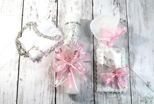 Elegante juego de velas de bautismo de bebé de 5 piezas, favorece a niña y niño, blanco, conjunto de bautizo español, Nina Nino Berries Comunión