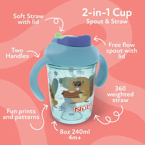 Miniatura 2 de Nuby Taza multifunción 2 en 1 para niños pequeños con popote con peso de 360° y boquilla dura, 8 onzas, asas de fácil agarre y parte superior