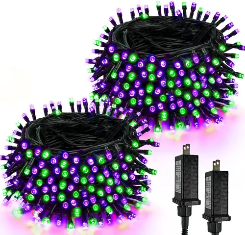 Paquete de 2 tiras de 200 luces LED extensibles de Halloween de 66 pies, decoraciones de Halloween moradas y verdes, luces de árbol para interiores