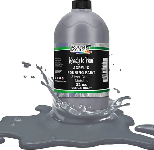Pintura acrílica Pouring Masters Silver Dollar metálica lista para verter - Pintura acrílica fluida Premium de 32 onzas premezclada - Suministros de