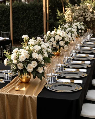 Miniatura 5 de Nervure 100 platos de plástico negro y dorado, platos desechables negros de 10.25 pulgadas, platos llanos de plástico negro para bodas, fiestas