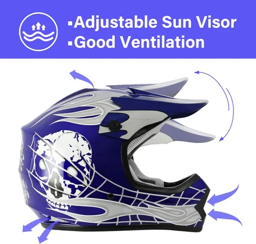 Miniatura 2 de XFMT - Juego de casco DOT con gafas y guantes para motocross, cuatrimoto y vehículos todoterreno para niños y jóvenes, diseño de calavera azul