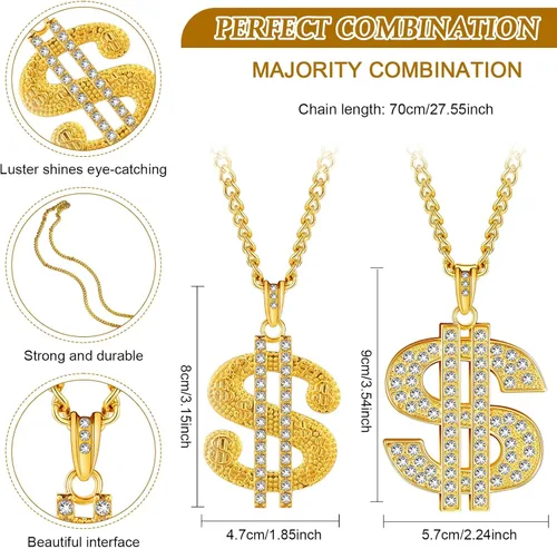 Miniatura 4 de Tatuo 2 piezas de cadena chapada para hombre con colgante de signo de dólar, collar de dólar hip hop