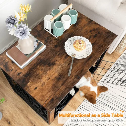 Miniatura 3 de HOOBRO Mueble de jaula para perros, perrera mediana de 32.5 pulgadas para interiores, jaula de madera con bandeja extraíble, mesa auxiliar lateral