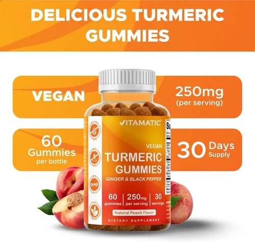 Miniatura 4 de Vitamatic Gomitas de cúrcuma con extracto de jengibre y pimienta negra – 60 gomitas veganas 95% curcuminoides – Potente apoyo antioxidante e