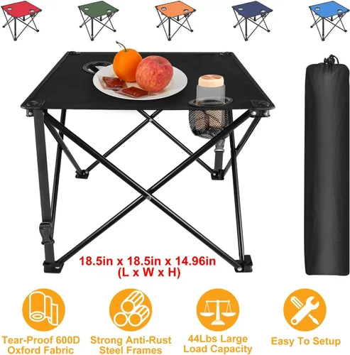 Miniatura 2 de TeqHome Mesa auxiliar plegable para campamento, mesa de campamento portátil para exteriores con 2 portavasos y bolsa de transporte, marco de acero