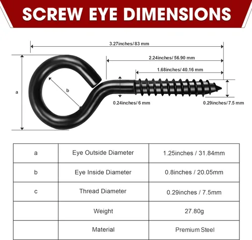 Miniatura 3 de 14 PIEZAS Ojos de Tornillo Negros - Pernos de Ojo Resistentes de 3.2 Pulgadas, Asegurador de Cable y Alambre - Soporte para Hamaca, Uso