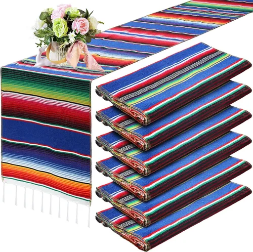 Miniatura 12 de Tegeme 12 Piezas Caminos de Mesa Mexicanos 14 x 84 Pulgadas Camino de Mesa Mexicano Serape Manta Decorativa con Flecos de Algodón Decoración