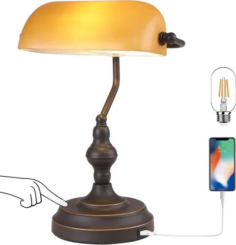 Lámpara de escritorio Banker con control táctil, lámpara de escritorio de banquero vintage con puerto USB-A, lámparas de escritorio regulables de 3