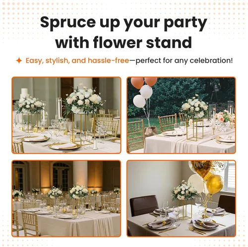 Miniatura 4 de YALLOVE Paquete de 2 soportes dorados de 15.75 pulgadas para flores de boda, soporte de columna de metal para centro de mesa geométrico