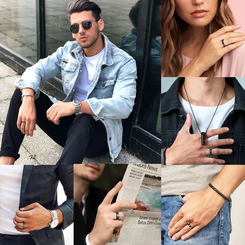 Miniatura 5 de LOWNOUR Anillos antiestrés para la ansiedad, 6 unidades, anillos de acero inoxidable para hombres, anillos giratorios negros para la ansiedad, juego