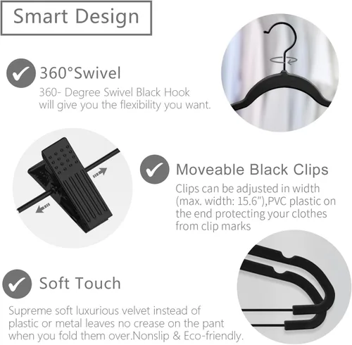 Miniatura 2 de MIZGI - Perchas premium de terciopelo negro para pantalones con clips ajustables (paquete de 20) Perchas delgadas para faldas - Perchas
