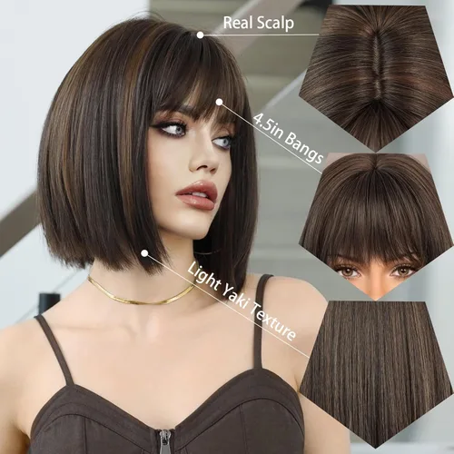 Miniatura 2 de 7JHH WIGS Peluca corta y lacia con flequillo de 12 pulgadas, peluca corta de cabello natural rubio natural con reflejos estilo Bob, cabello Peluca