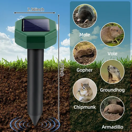 Miniatura 2 de Paquete de 8 repelentes de topos alimentado por energía solar, disuasorio ultrasónico para exteriores, pinchos sónicos para control de campañol