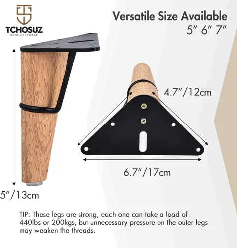 Miniatura 3 de Juego de 4 patas de madera maciza para muebles de 5 pulgadas, juego de 4 patas de repuesto de placa superior triangular de metal moderno de mediados