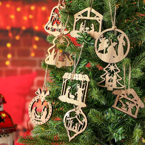 Miniatura 6 de Juego de 24 adornos de madera para árbol de Navidad, decoración religiosa del nacimiento de Jesús, decoración colgante para familia cristiana (forma)
