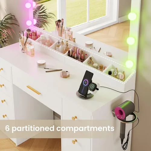 Miniatura 8 de LAKEMID Escritorio de tocador blanco con espejo y luces, mesa de tocador de maquillaje con salida y 8 cajones, escritorio de maquillaje con luces