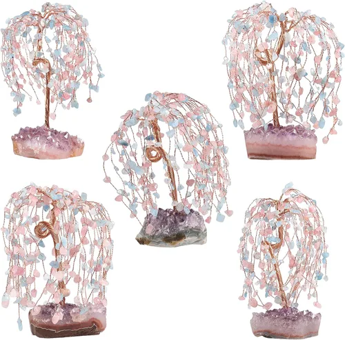 Miniatura 5 de SUNYIK Juego de árbol de dinero de cristal curativo de cuarzo rosa y aguamarina sobre base de racimo de amatista, adorno de Feng Shui, decoración