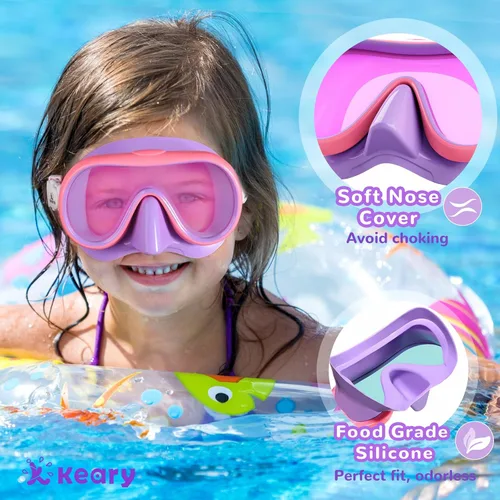 Miniatura 3 de Keary Kids Swim Goggles with Nose Cover for 5-16 Anti Fog Swimming Mask for Toddler Boys Girls Youth Rosa y morado (lente espejado)