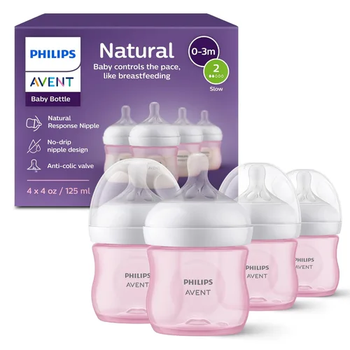 Philips Avent - Biberón natural con boquilla de respuesta natural, rosa, 4 onzas, paquete de 4, SCY900/14