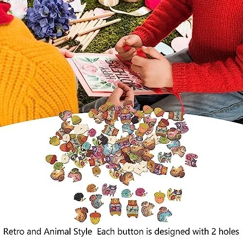 Miniatura 3 de Pssopp Botones para manualidades, 1.2 pulgadas de largo, lindos animales, coloridos y ligeros, botones de madera para coser, manualidades