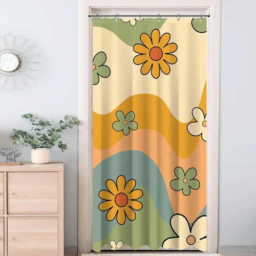 Cortina de ducha pequeña para casa rodante, tamaño medio, estilo retro de los 70, con flores bonitas, estética abstracta de margaritas, decorativa