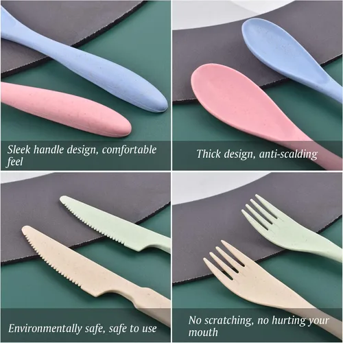 Miniatura 2 de Juego de tenedores, cucharas y cuchillos, juego de cubiertos de paja de trigo, juego de cubiertos reutilizables para 4, utensilios para fiesta