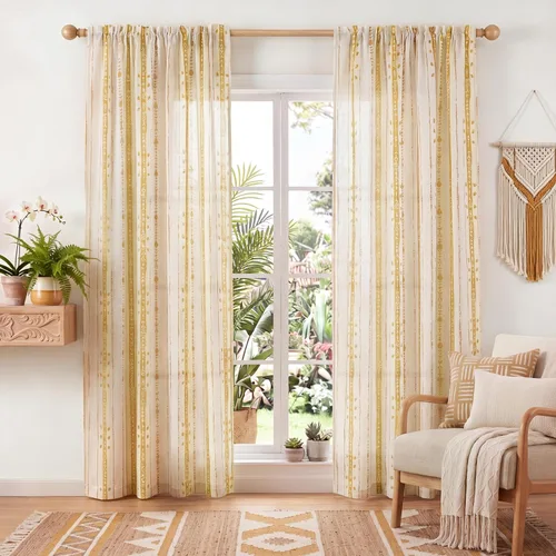 Miniatura 11 de Juego de 2 paneles de cortinas de lino bohemio, cortinas de semi privacidad para sala de estar, cortinas rústicas de campo de 54 pulgadas de largo