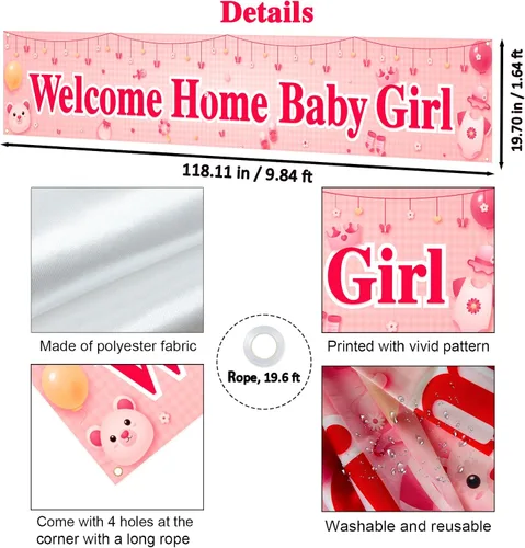Miniatura 2 de Labakita Cartel de bienvenida a casa para bebé, pancarta grande con texto en inglés "It's a Girl" para baby shower, decoración de baby shower rosa